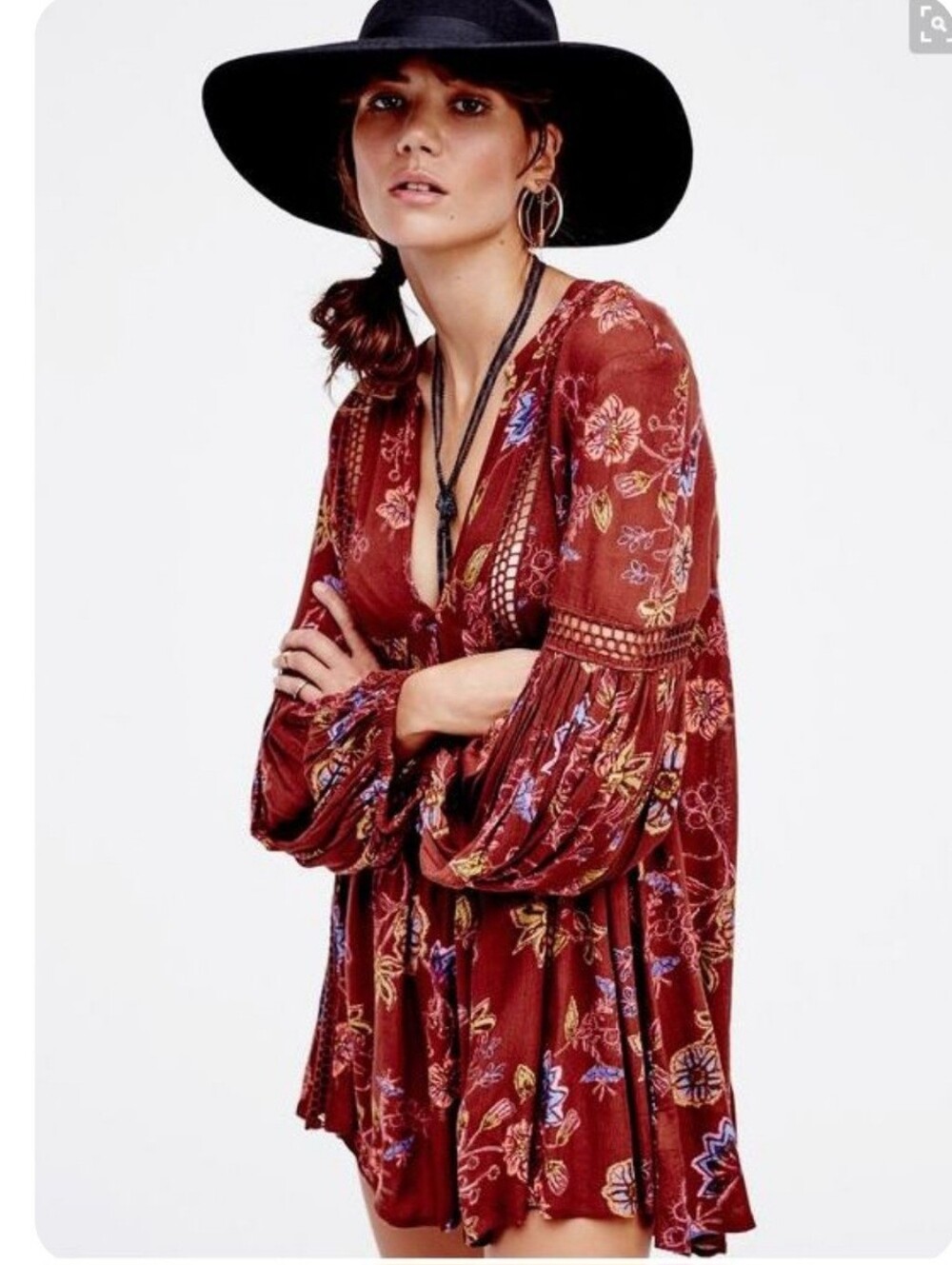 FREE PEOPLE BROWN FLORAL CROCHET LACE BOHO TUNIC DRESS SZ S